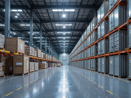 现代化仓储设施内部全景，整齐摆放的LED屏幕设备，明亮的仓库环境